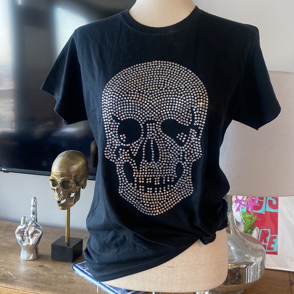 Crystal AB Rhinestone Beaded Skull T-Shirt - Size M - Picture 6 of 11